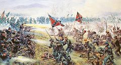 Painting of a Civil War battle scene depicting soldiers, some carrying Confederate flags, engaged in combat on a grassy battlefield.